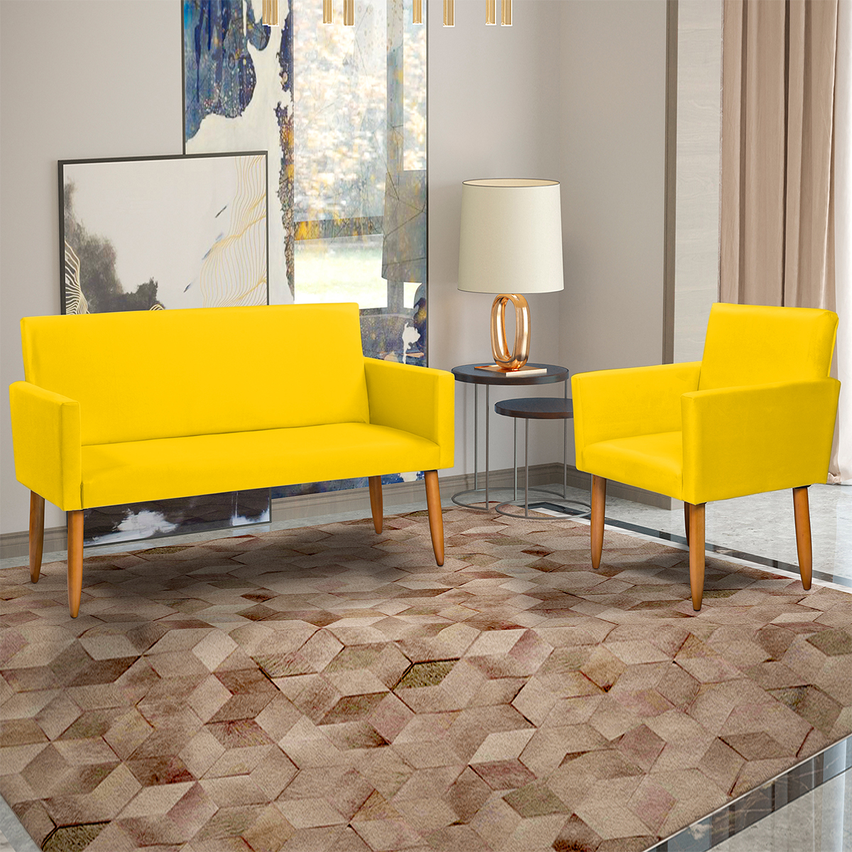 Kit Namoradeira + Poltrona Para Sala Decorativa Nina Suede Amarelo Pé Castanho