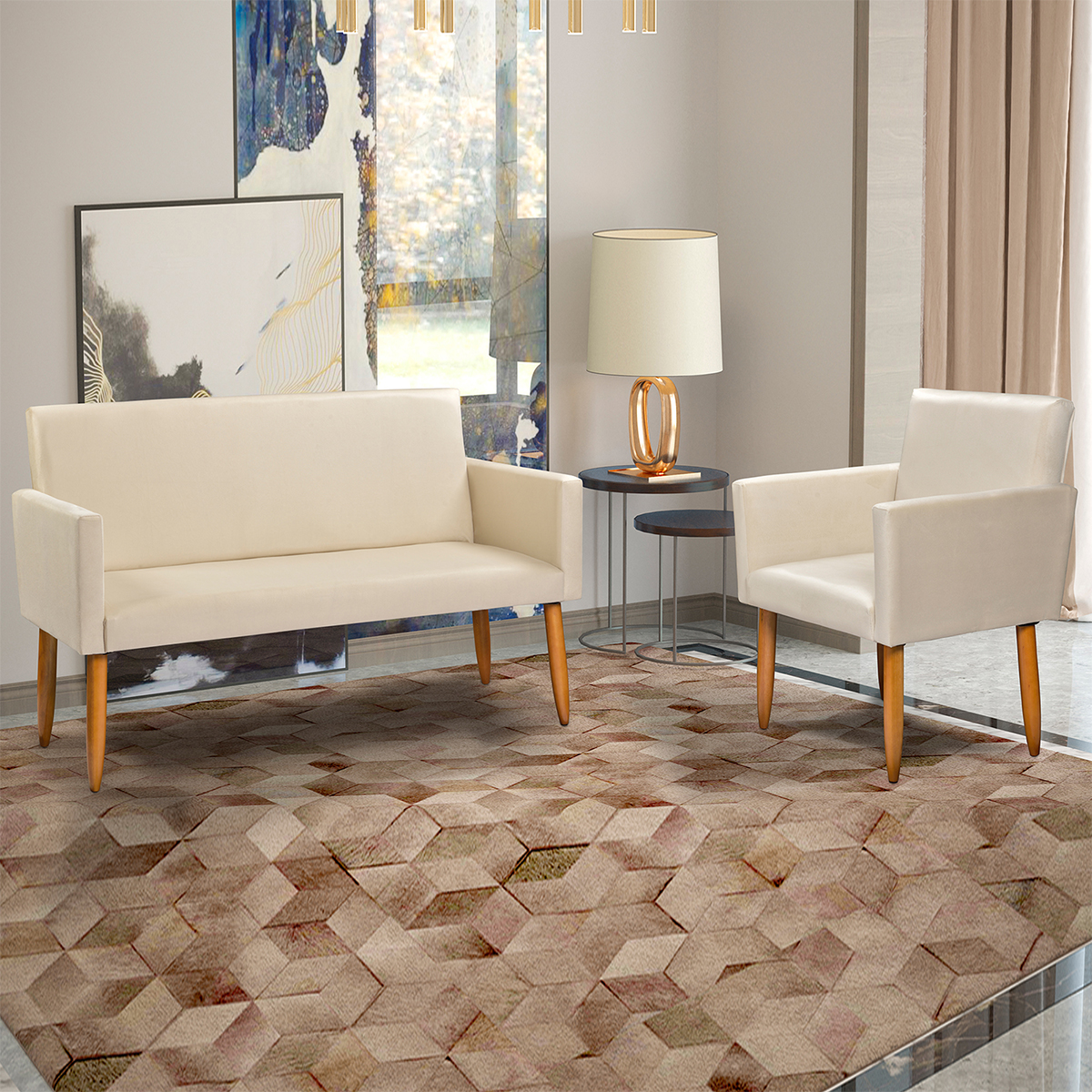 Kit Namoradeira + Poltrona Para Sala Decorativa Nina Suede Bege Pé Castanho