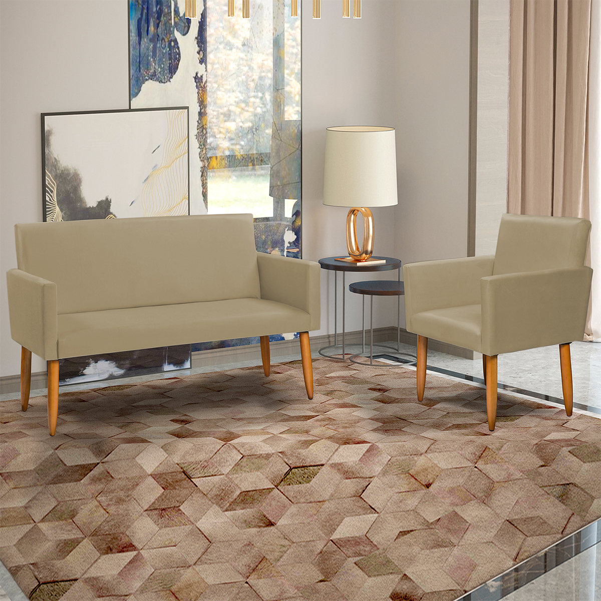 Kit Namoradeira + Poltrona Para Sala Decorativa Nina Suede Nude Pé Castanho