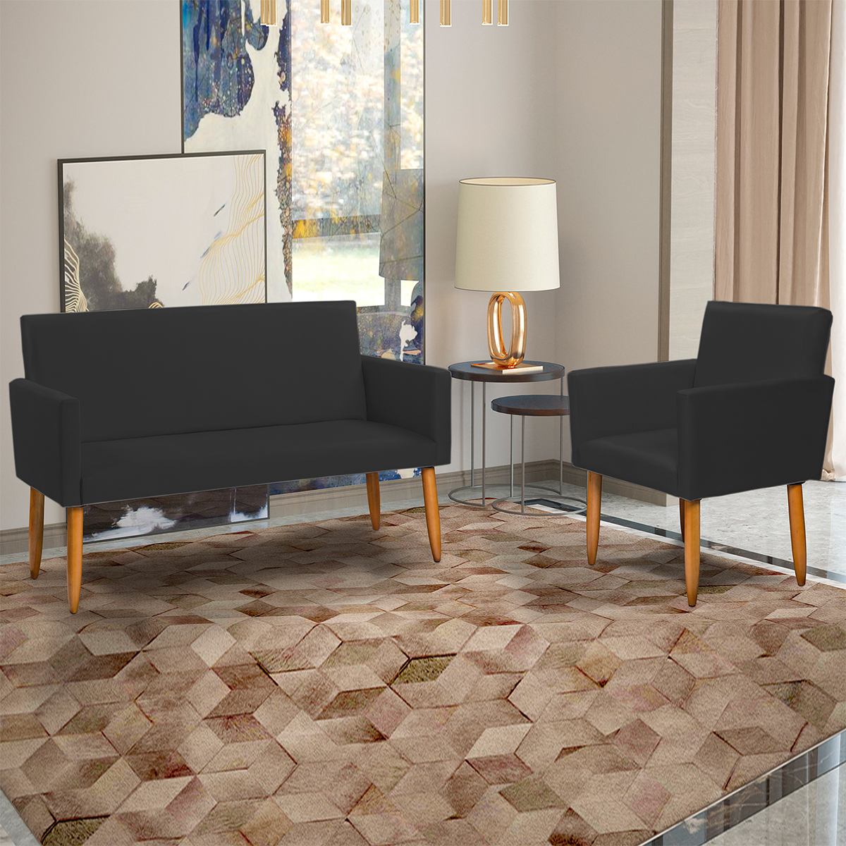 Kit Namoradeira + Poltrona Para Sala Decorativa Nina Suede Preto Pé Castanho