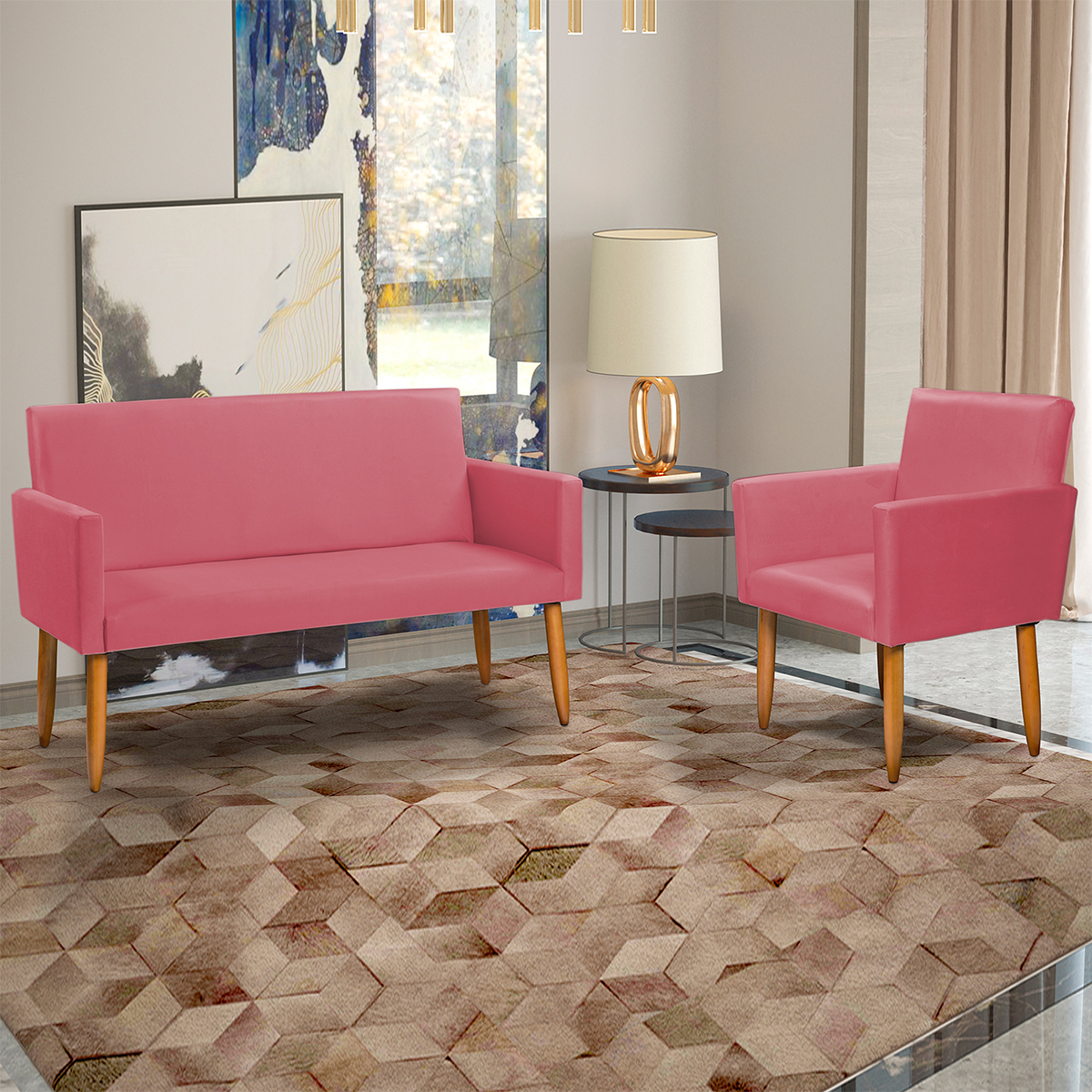 Kit Namoradeira + Poltrona Para Sala Decorativa Nina Suede Rose Pé Castanho