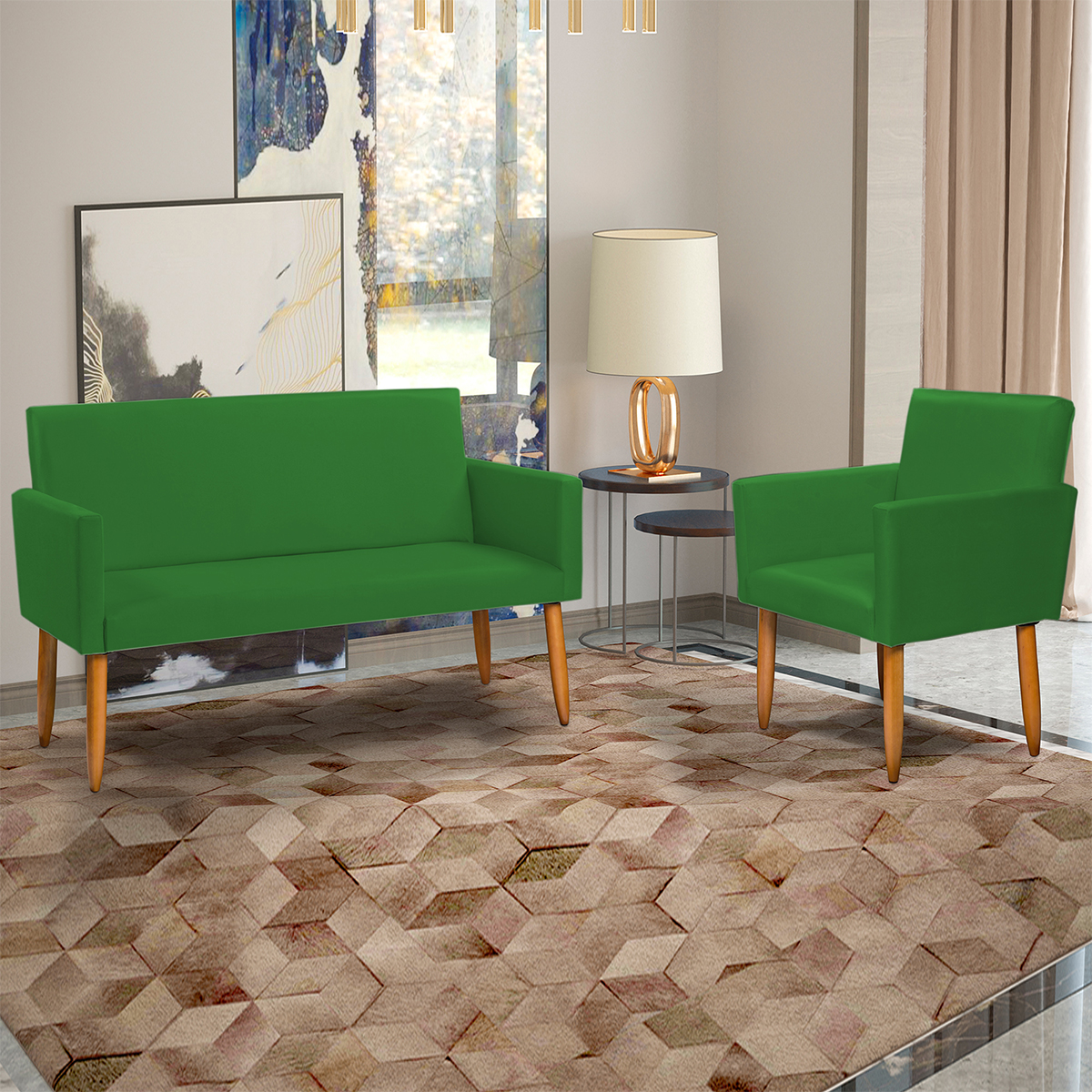 Kit Namoradeira + Poltrona Para Sala Decorativa Nina Suede Verde Pé Castanho