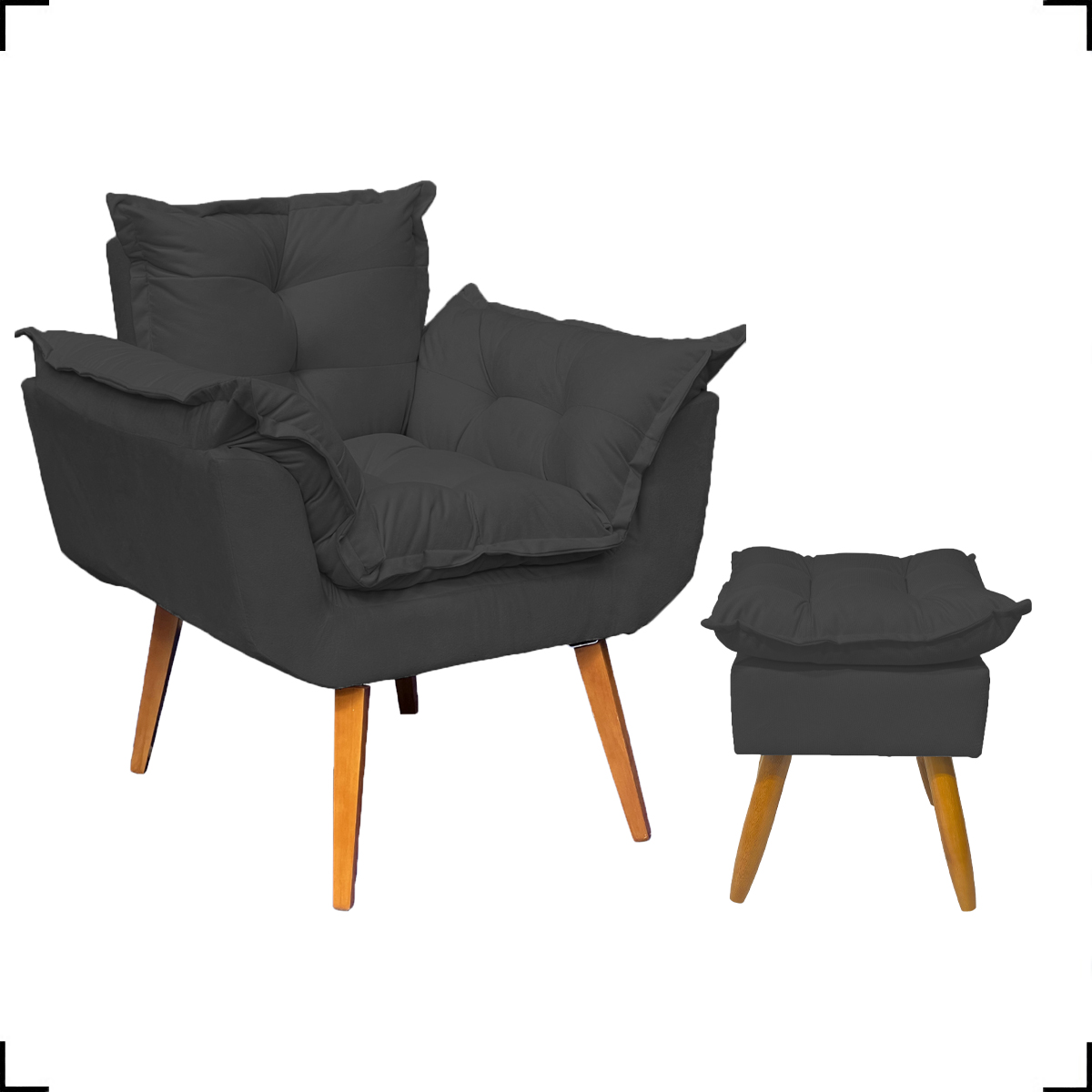 Kit Poltrona Alice Decorativa Para Sala Manicure Recepção e Puff Alice Para Quarto Penteadeira Suede Preto