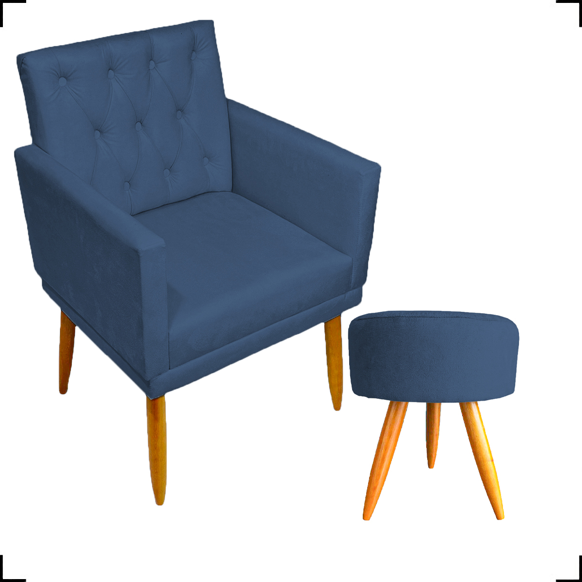 Kit Poltrona Decorativa Nina Com Base E Capitonê + Puff Redondo Suede Azul Marinho Pé Castanho - Clique E Decore