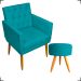 Kit Poltrona Decorativa Nina Com Base E Capitonê + Puff Redondo Suede Azul Turquesa Pé Castanho - Clique E Decore