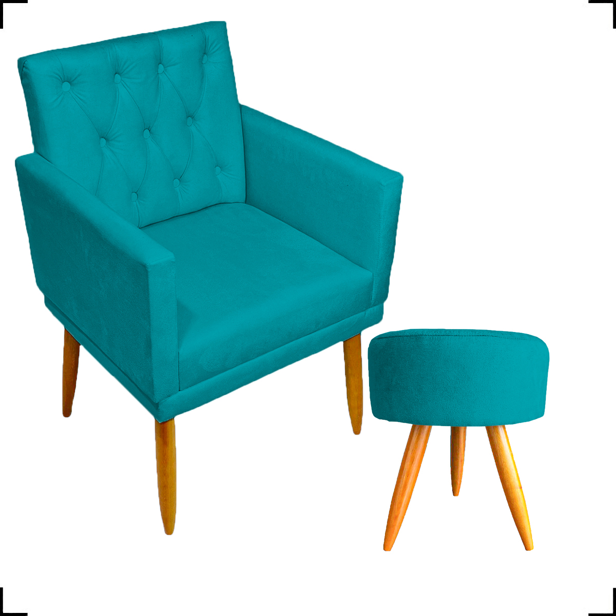Kit Poltrona Decorativa Nina Com Base E Capitonê + Puff Redondo Suede Azul Turquesa Pé Castanho - Clique E Decore