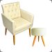 Kit Poltrona Decorativa Nina Com Base E Capitonê + Puff Redondo Suede Bege Pé Castanho - Clique E Decore