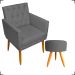 Kit Poltrona Decorativa Nina Com Base E Capitonê + Puff Redondo Suede Cinza Pé Castanho - Clique E Decore