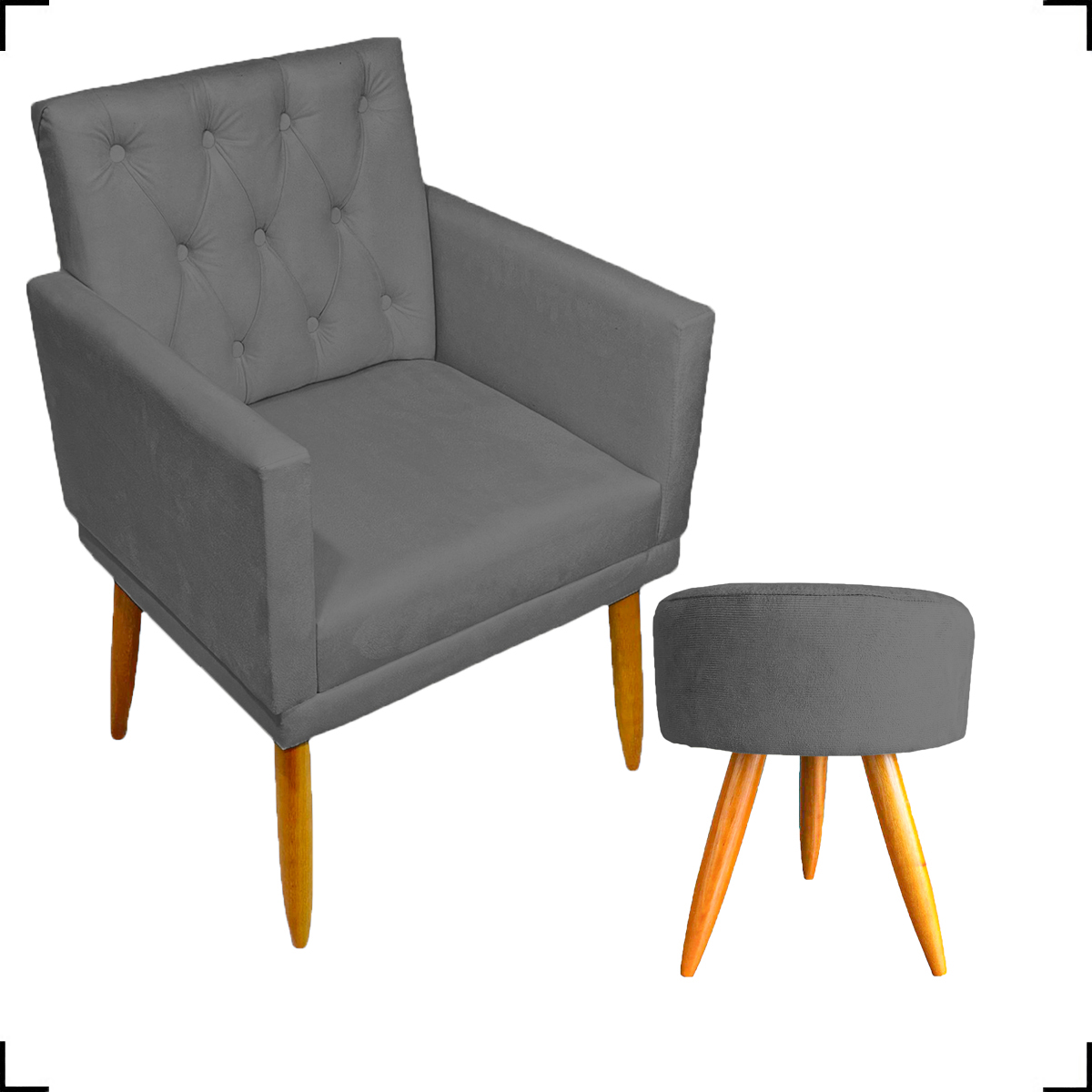 Kit Poltrona Decorativa Nina Com Base E Capitonê + Puff Redondo Suede Cinza Pé Castanho - Clique E Decore