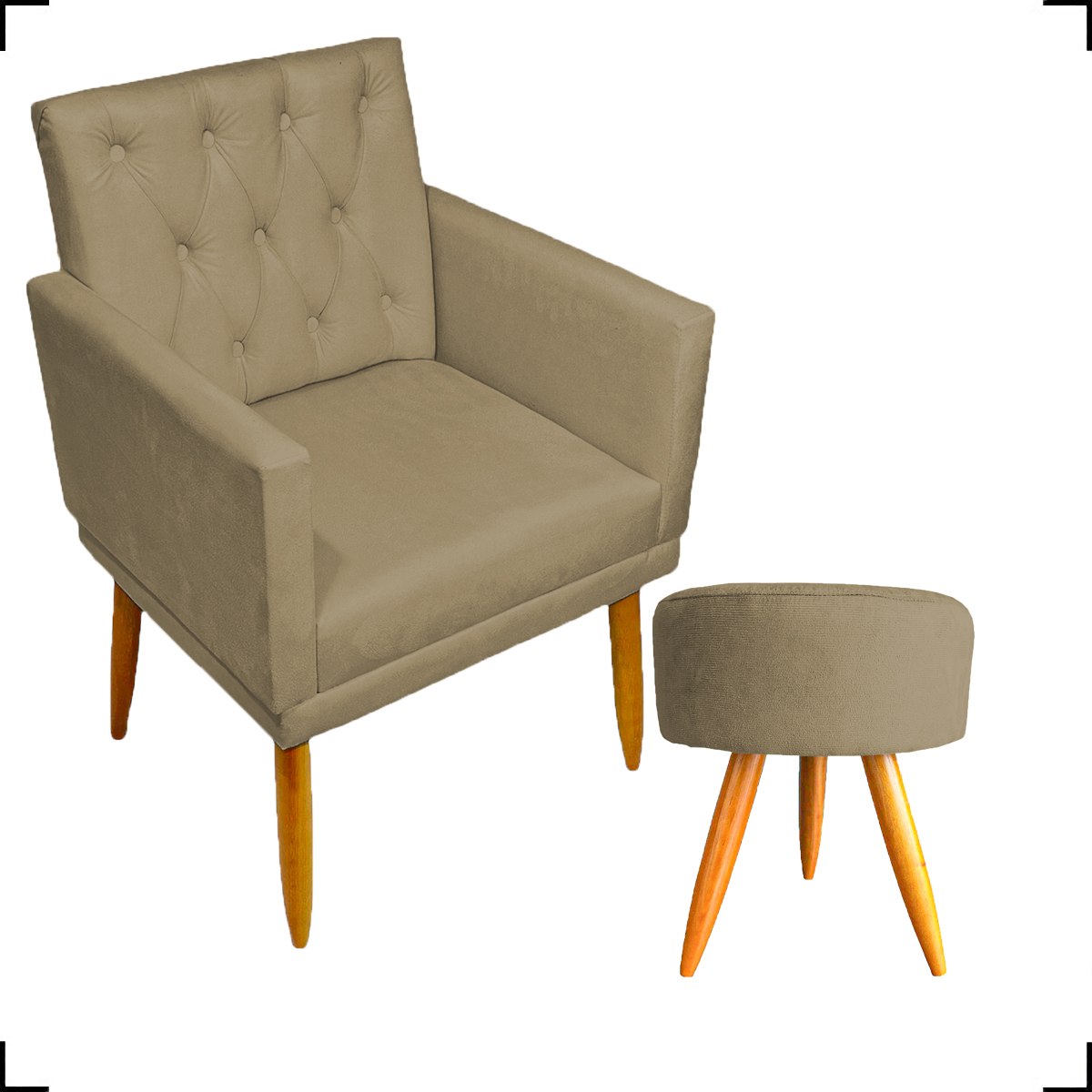 Kit Poltrona Decorativa Nina Com Base E Capitonê + Puff Redondo Suede Nude Pé Castanho - Clique E Decore