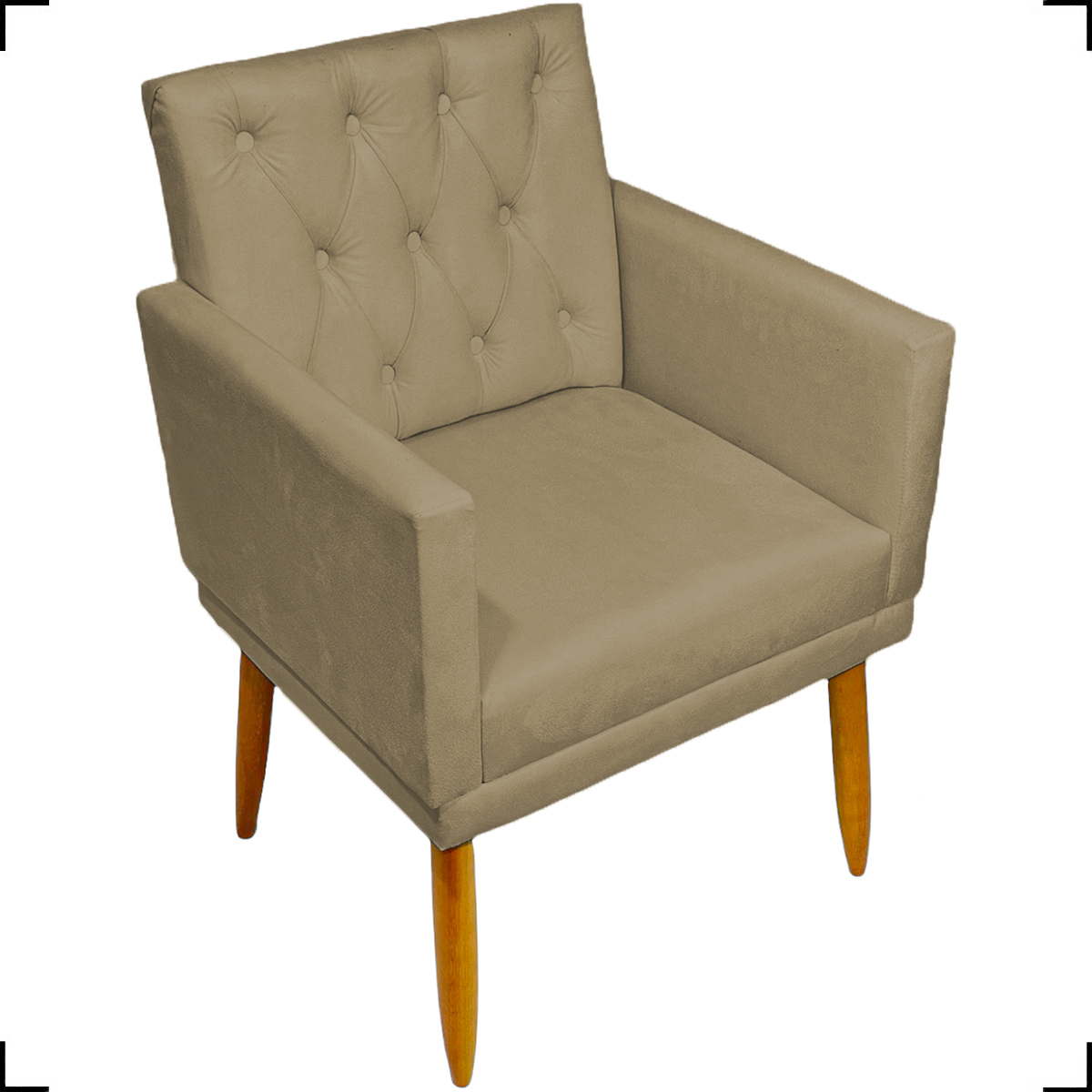 Kit Poltrona Decorativa Nina Com Base E Capitonê + Puff Redondo Suede Nude Pé Castanho - Clique E Decore