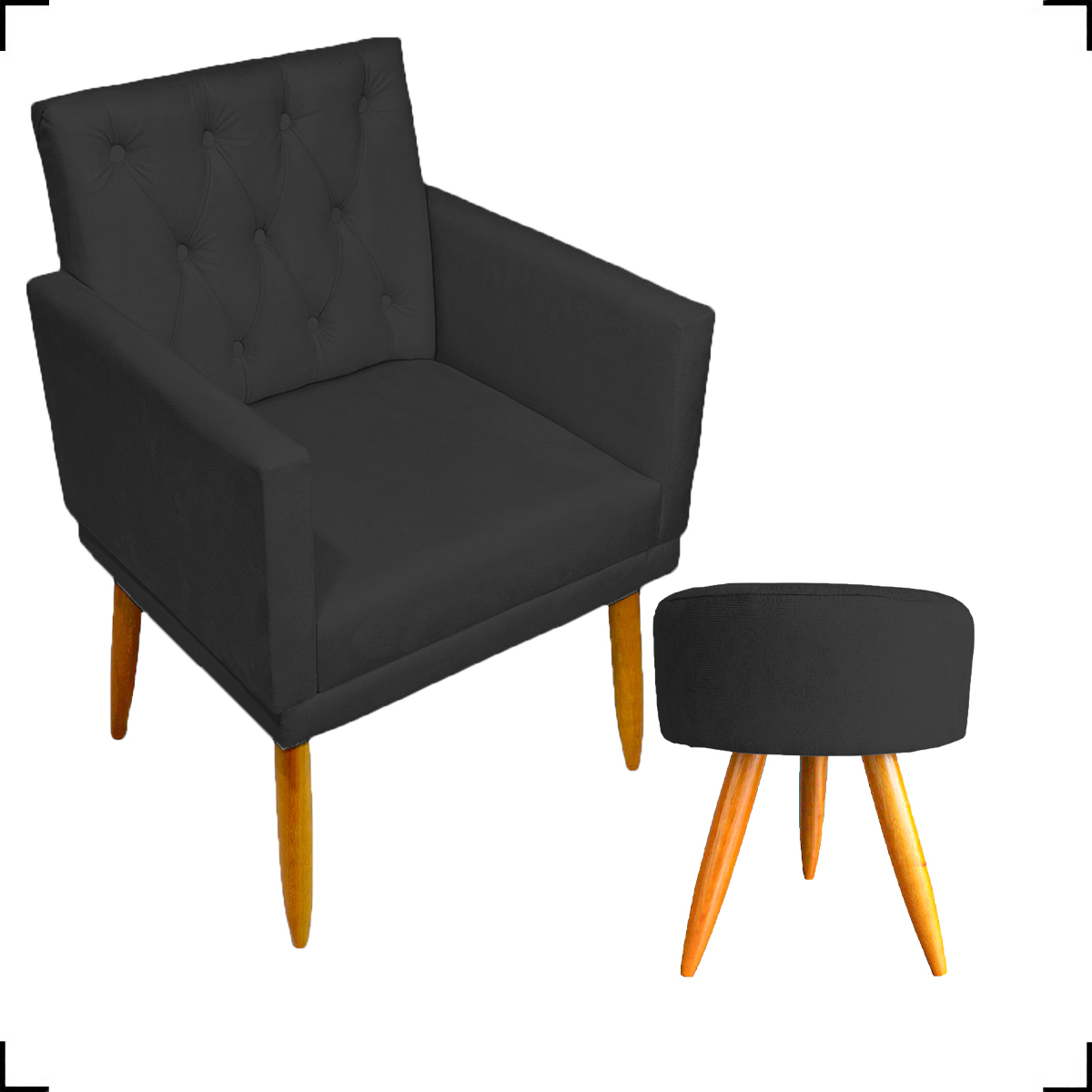 Kit Poltrona Decorativa Nina Com Base E Capitonê + Puff Redondo Suede Preto Pé Castanho - Clique E Decore