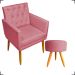 Kit Poltrona Decorativa Nina Com Base E Capitonê + Puff Redondo Suede Rosê Pé Castanho - Clique E Decore