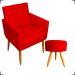 Kit Poltrona Decorativa Nina Com Base E Capitonê + Puff Redondo Suede Vermelho Pé Castanho - Clique E Decore