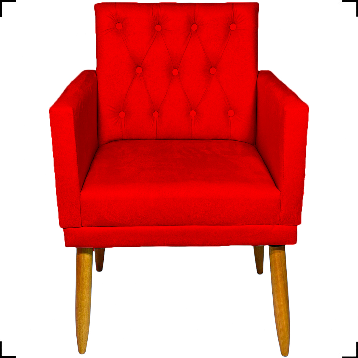 Kit Poltrona Decorativa Nina Com Base E Capitonê + Puff Redondo Suede Vermelho Pé Castanho - Clique E Decore