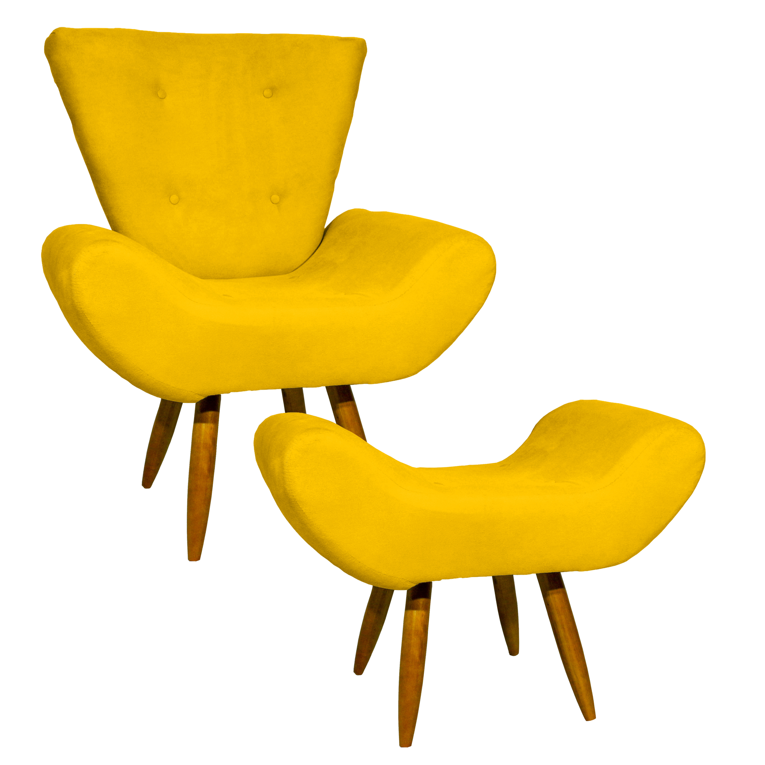 Kit Poltrona Decorativa Para Sala Emilia + Puff Emilia Suede Amarelo Pé Castanho - Clique E Decore