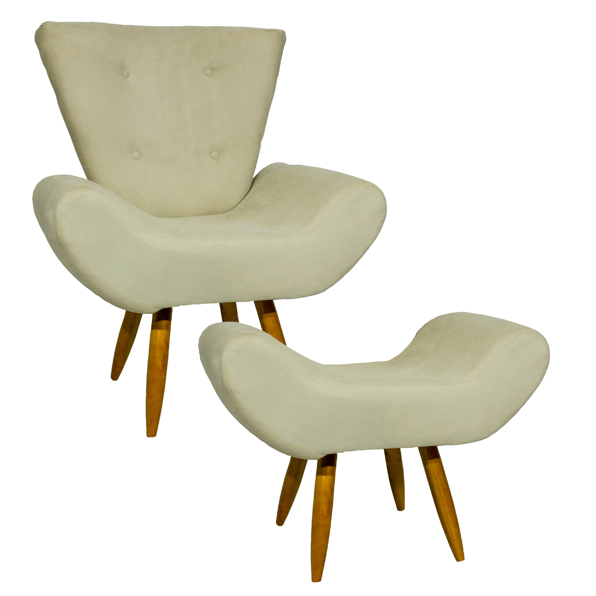 Kit Poltrona Decorativa Para Sala Emilia + Puff Emilia Suede Bege Pé Castanho - Clique E Decore