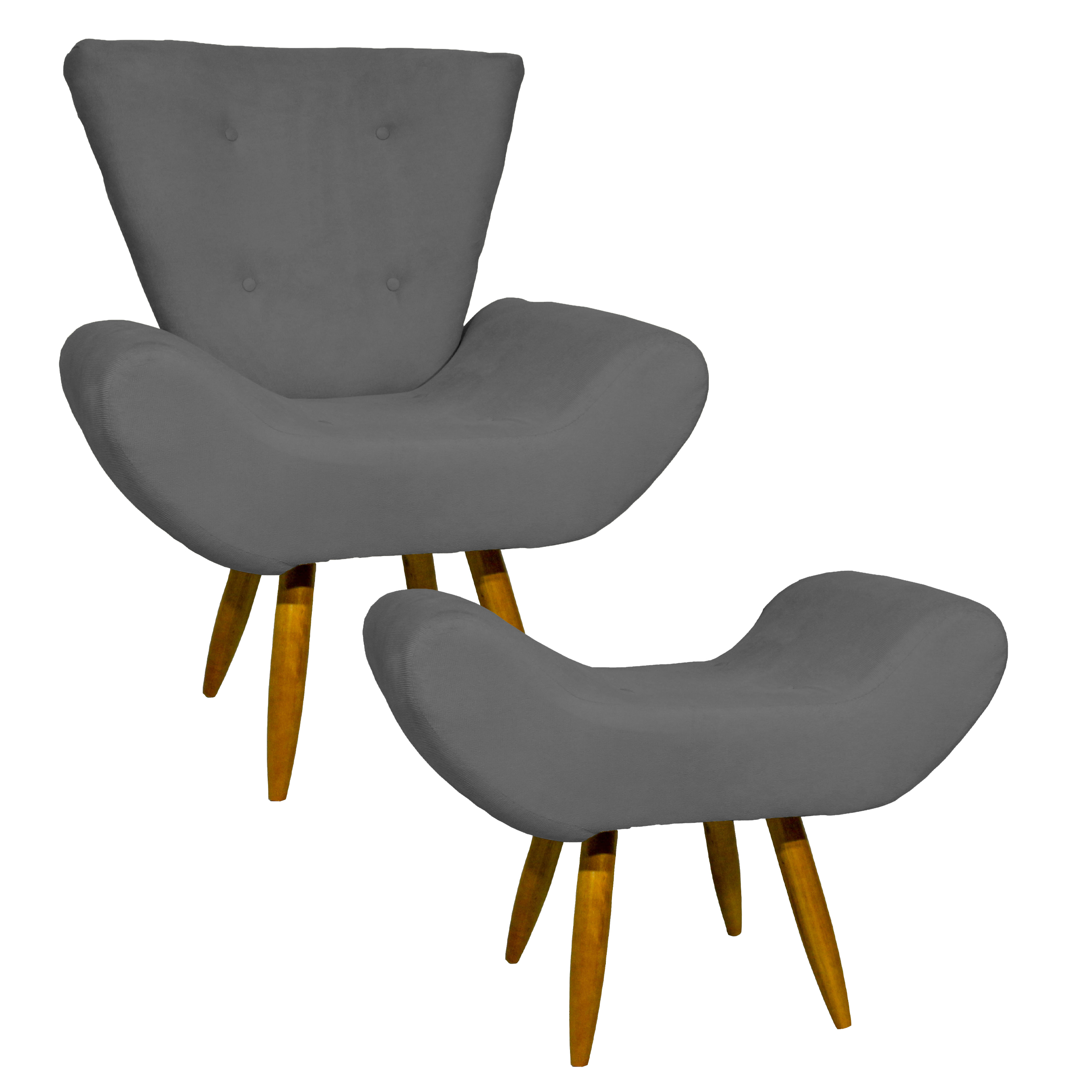 Kit Poltrona Decorativa Para Sala Emilia + Puff Emilia Suede Cinza Pé Castanho - Clique E Decore