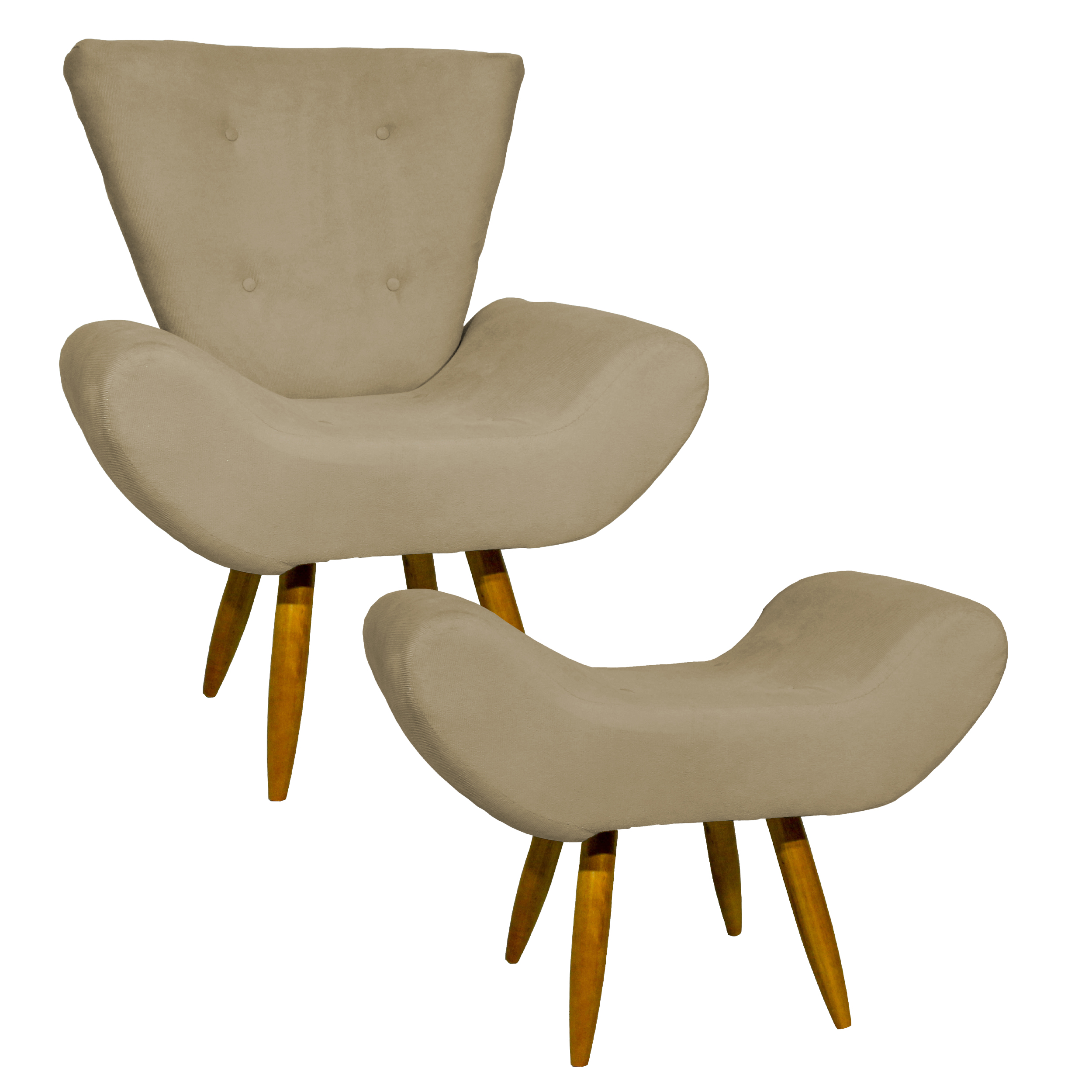 Kit Poltrona Decorativa Para Sala Emilia + Puff Emilia Suede Nude Pé Castanho - Clique E Decore