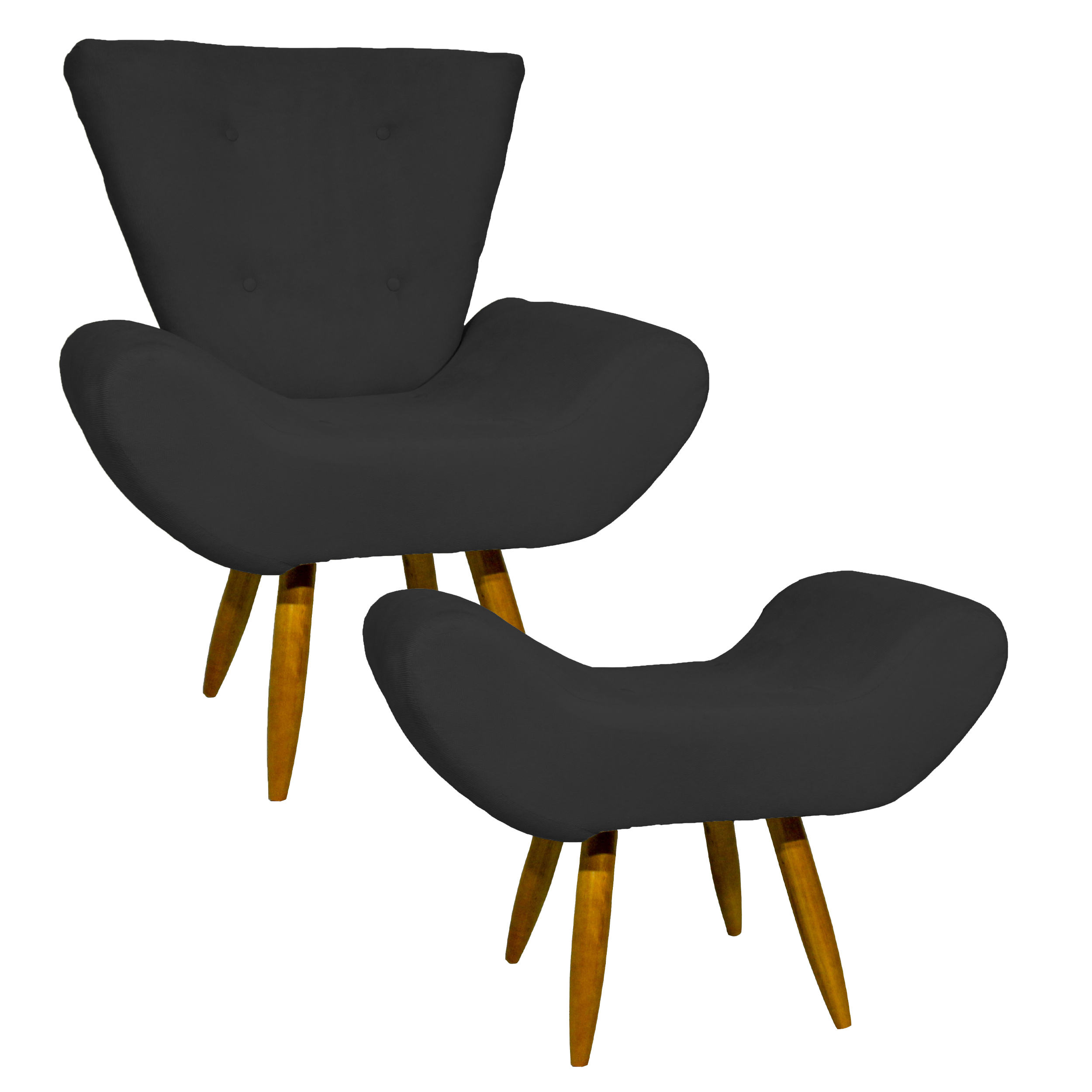 Kit Poltrona Decorativa Para Sala Emilia + Puff Emilia Suede Preto Pé Castanho - Clique E Decore