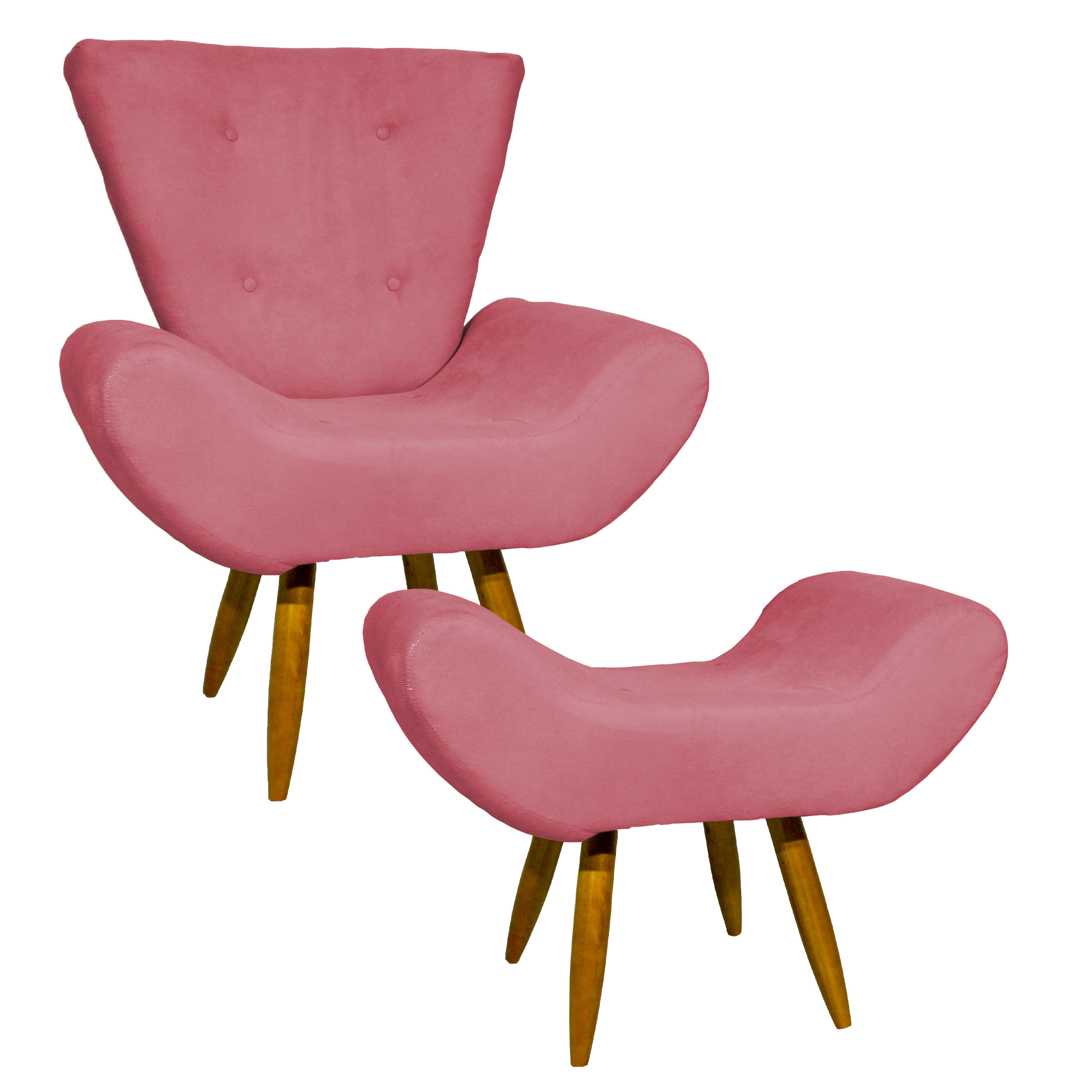 Kit Poltrona Decorativa Para Sala Emilia + Puff Emilia Suede Rosê Pé Castanho - Clique E Decore