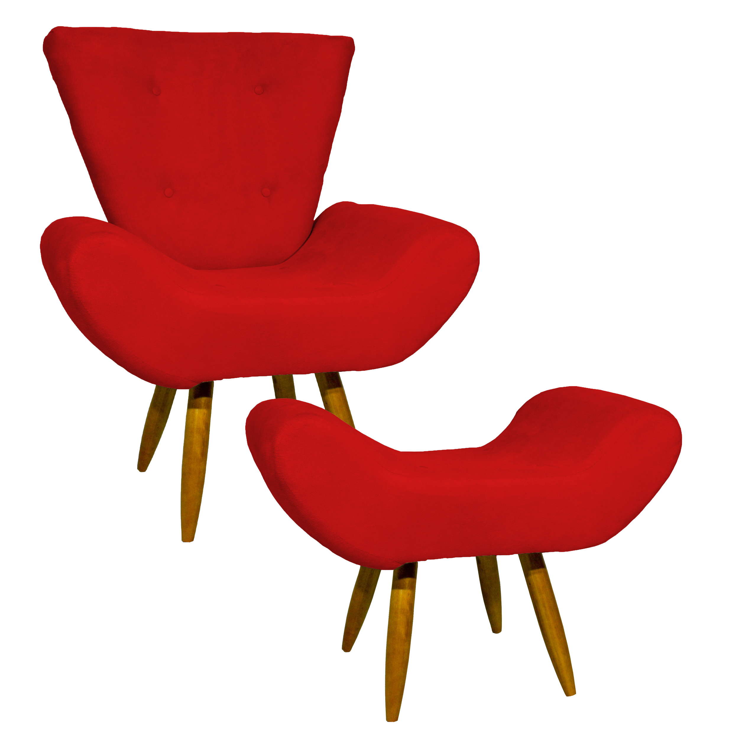 Kit Poltrona Decorativa Para Sala Emilia + Puff Emilia Suede Vermelho Pé Castanho - Clique E Decore