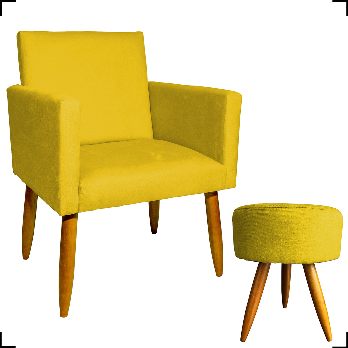 Kit Poltrona Nina Decorativa Para Sala Manicure e Puff Redondo Para Quarto Penteadeira Suede Amarelo