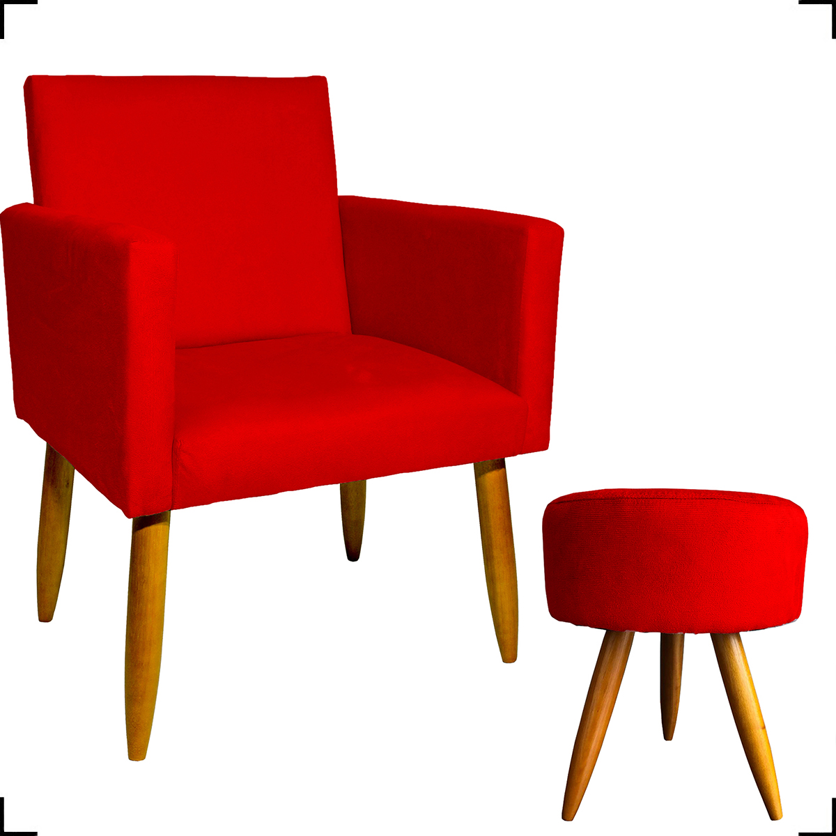 Kit Poltrona Nina Decorativa Para Sala Manicure e Puff Redondo Para Quarto Penteadeira Suede Vermelho