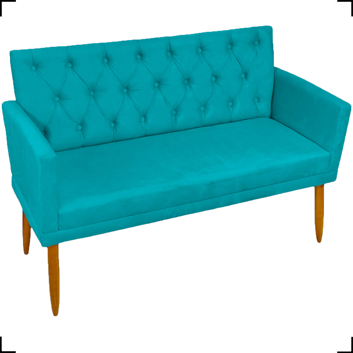 Namoradeira Decorativa Para Sala Nina Com Base E Capitonê Suede Azul Turquesa Pé Castanho - Clique E Decore