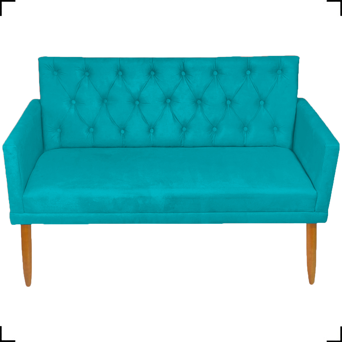 Namoradeira Decorativa Para Sala Nina Com Base E Capitonê Suede Azul Turquesa Pé Castanho - Clique E Decore