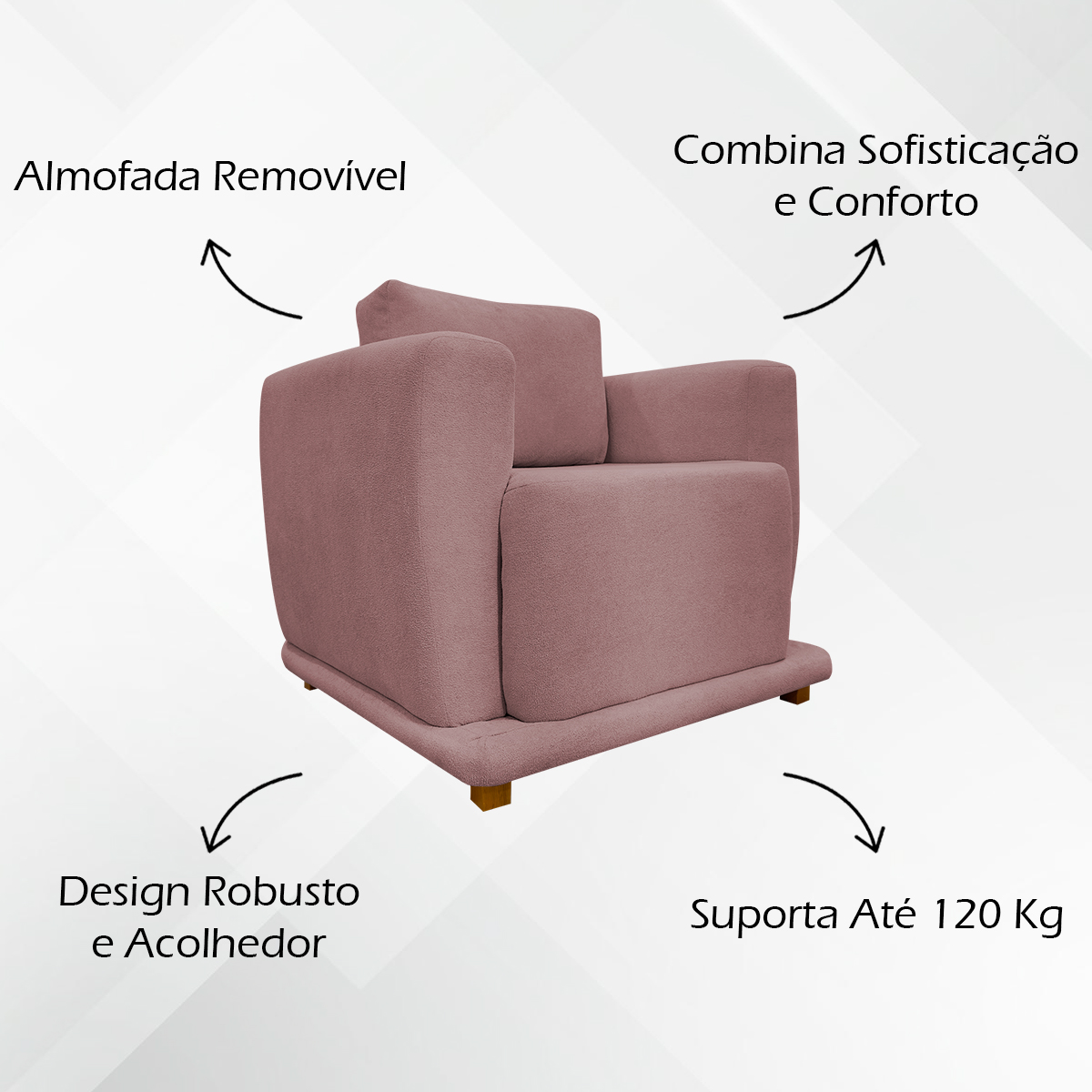 Poltrona Decorativa Bridge Para Sala Luxo Confortável Reforçada Bouclé Premium Rosê