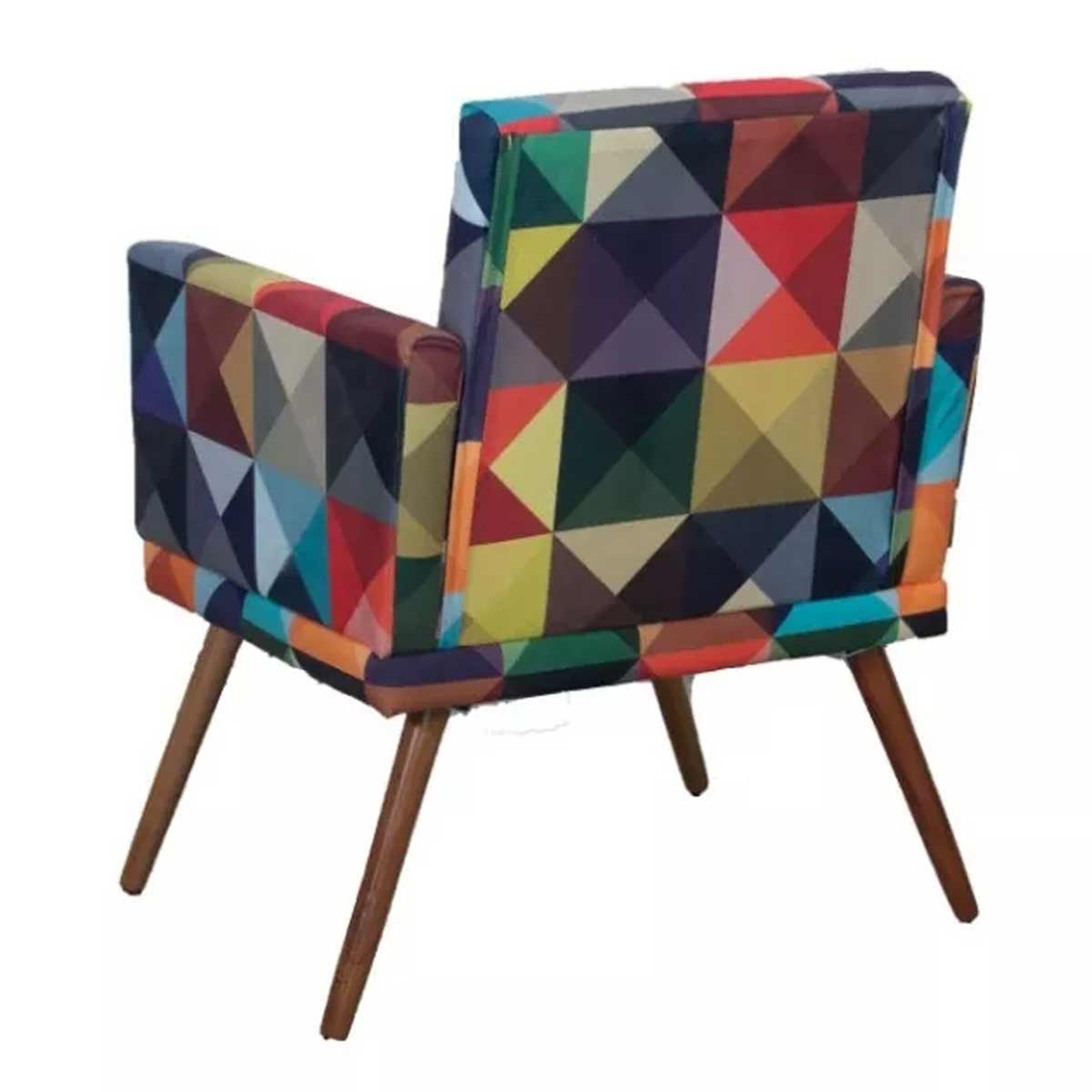 Poltrona Decorativa Confortável Para Sala Nina Com Base Estampa Triângulo Colorido Pé Castanho - Clique E Decore