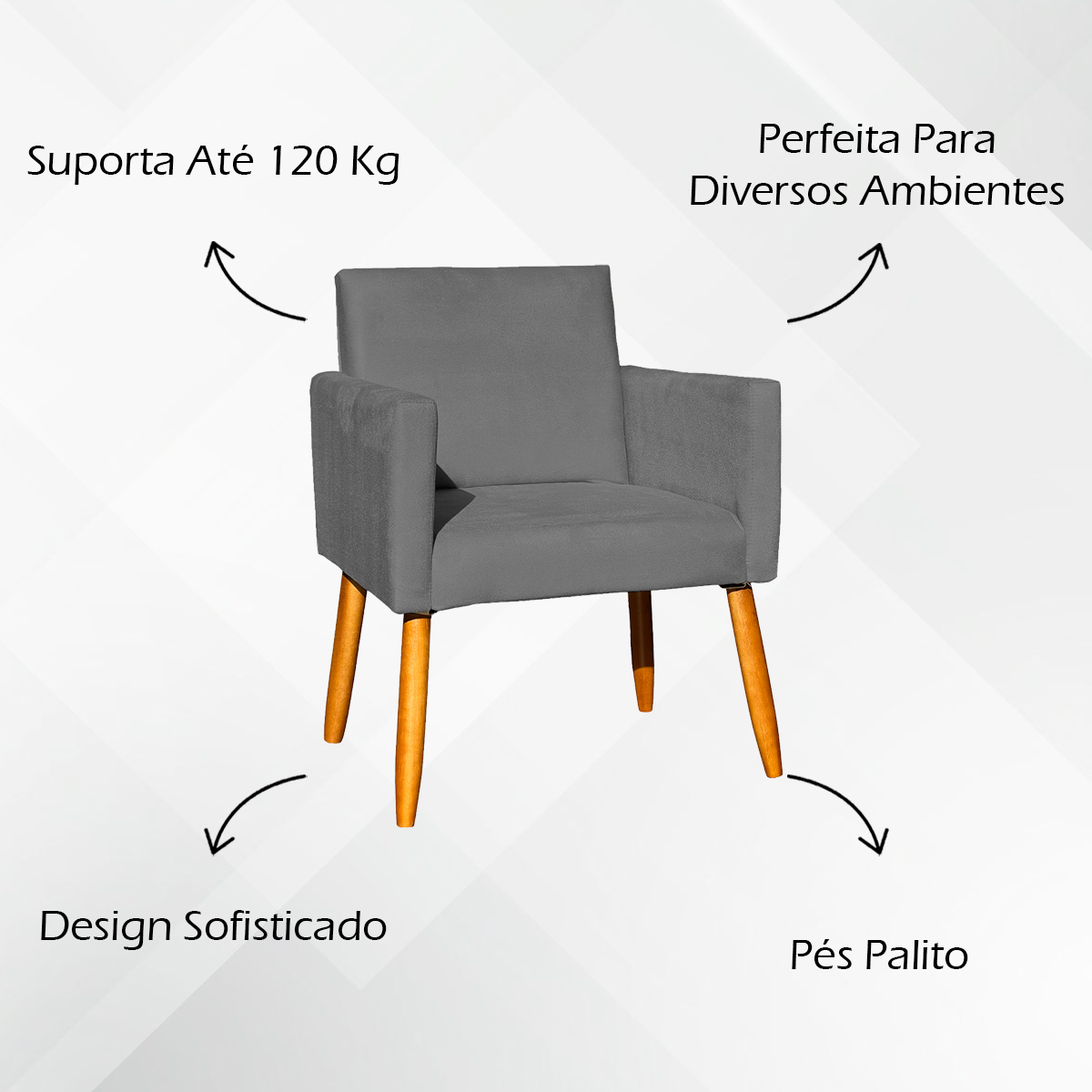 Poltrona Decorativa Confortável Para Sala Recepção Consultório Cadeira Nina Suede Cinza