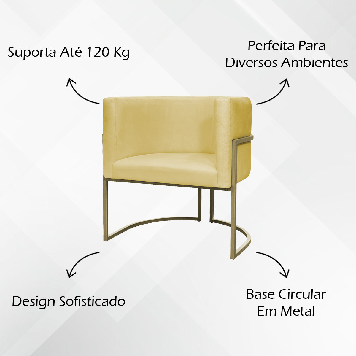 Poltrona Decorativa Luna Para Sala de Estar Escritório Recepção Suede Amarelo Base de Ferro Champagne