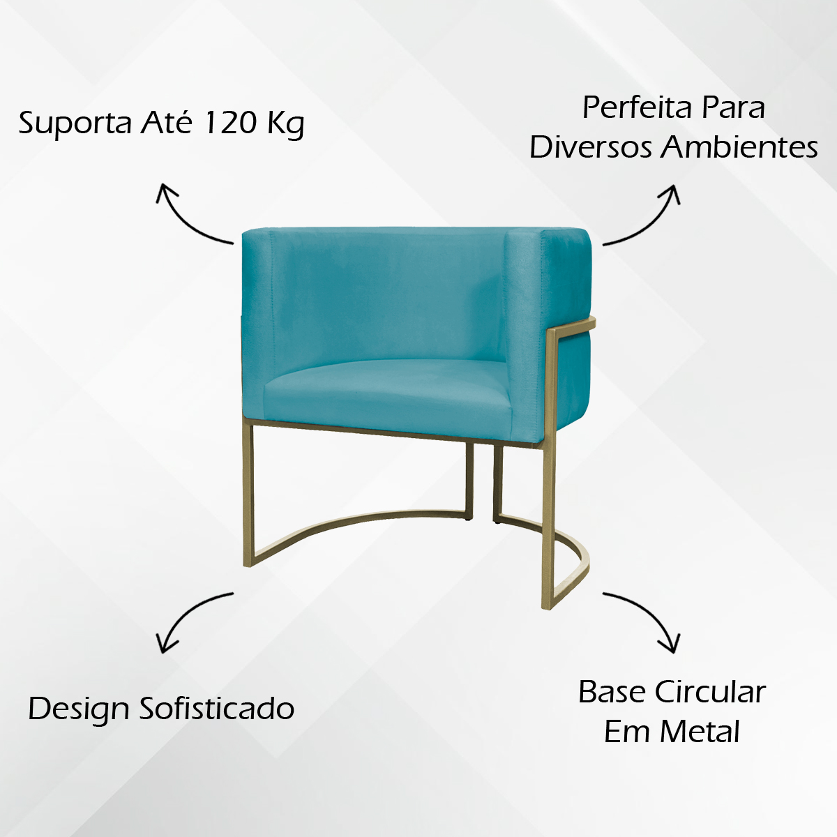 Poltrona Decorativa Luna Para Sala de Estar Escritório Recepção Suede Azul Turquesa Base de Ferro Champagne