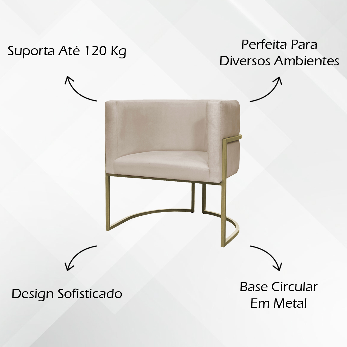 Poltrona Decorativa Luna Para Sala de Estar Escritório Recepção Suede Bege Base de Ferro Champagne