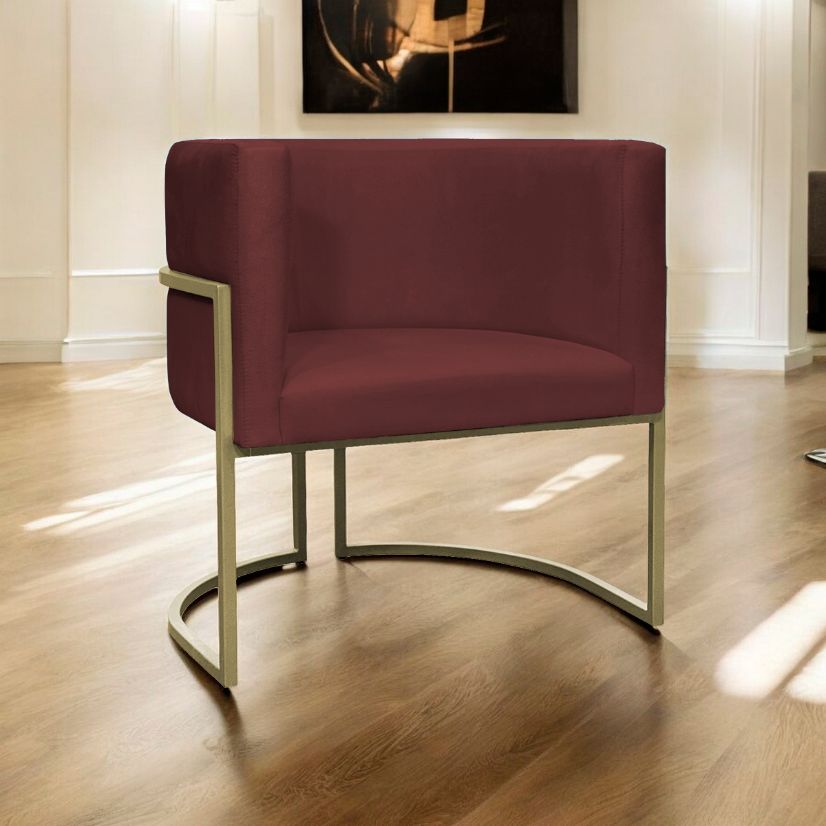 Poltrona Decorativa Luna Para Sala de Estar Escritório Recepção Suede Bordo Base de Ferro Champagne