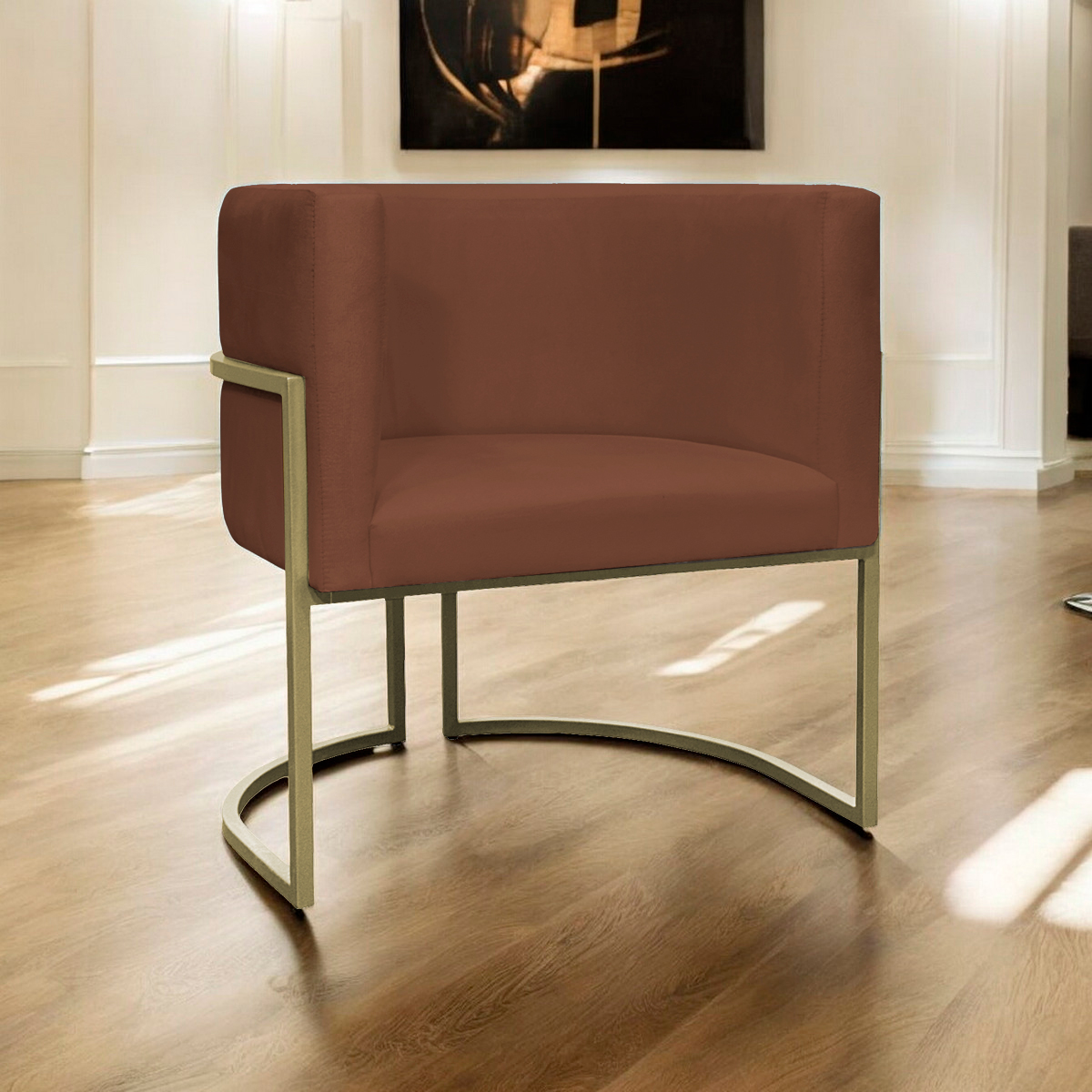 Poltrona Decorativa Luna Para Sala de Estar Escritório Recepção Suede Terracota Base de Ferro Champagne