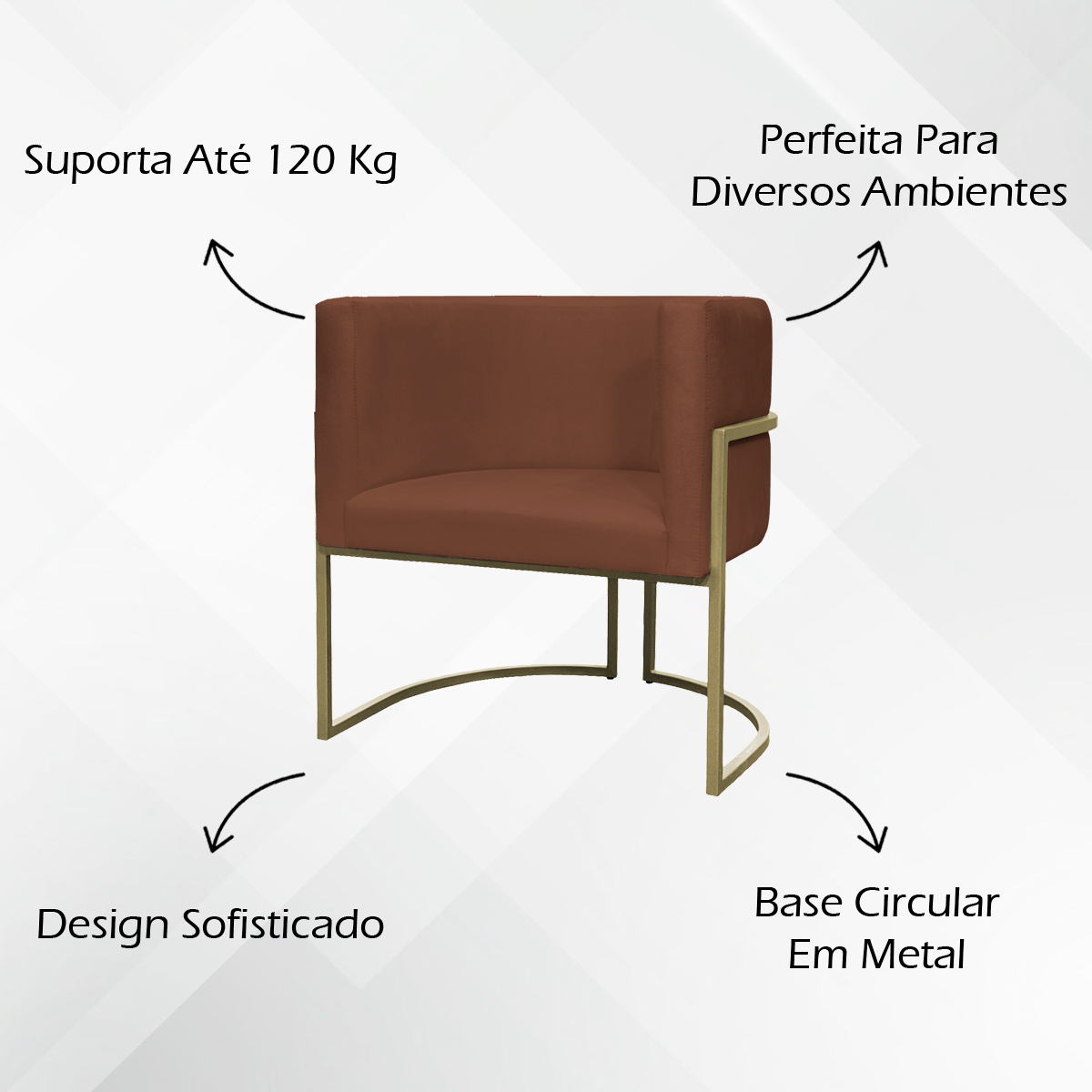 Poltrona Decorativa Luna Para Sala de Estar Escritório Recepção Suede Terracota Base de Ferro Champagne