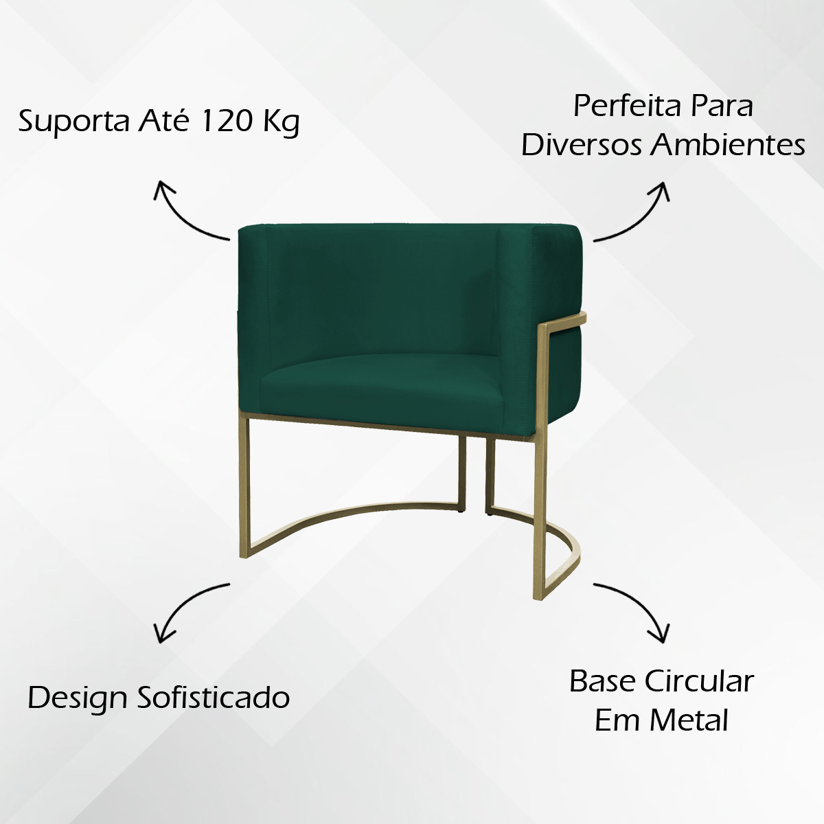 Poltrona Decorativa Luna Para Sala de Estar Escritório Recepção Suede Verde Base de Ferro Champagne