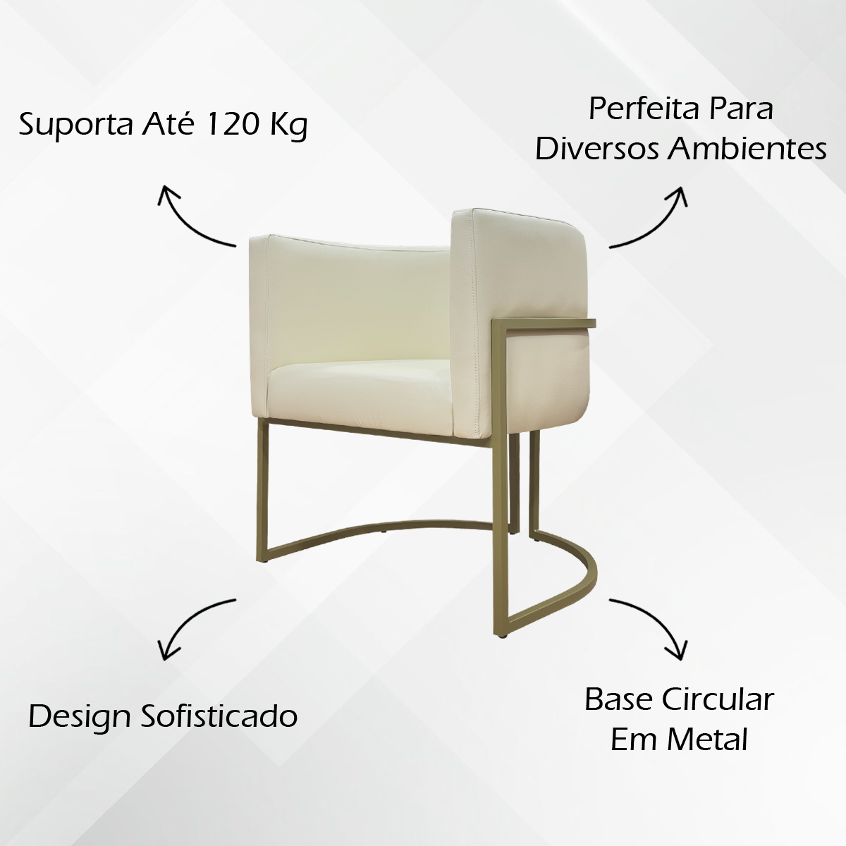 Poltrona Decorativa Para Sala Luna Reforçada Escritório Consultório Recepção Corino Bege Base de Ferro Champagne
