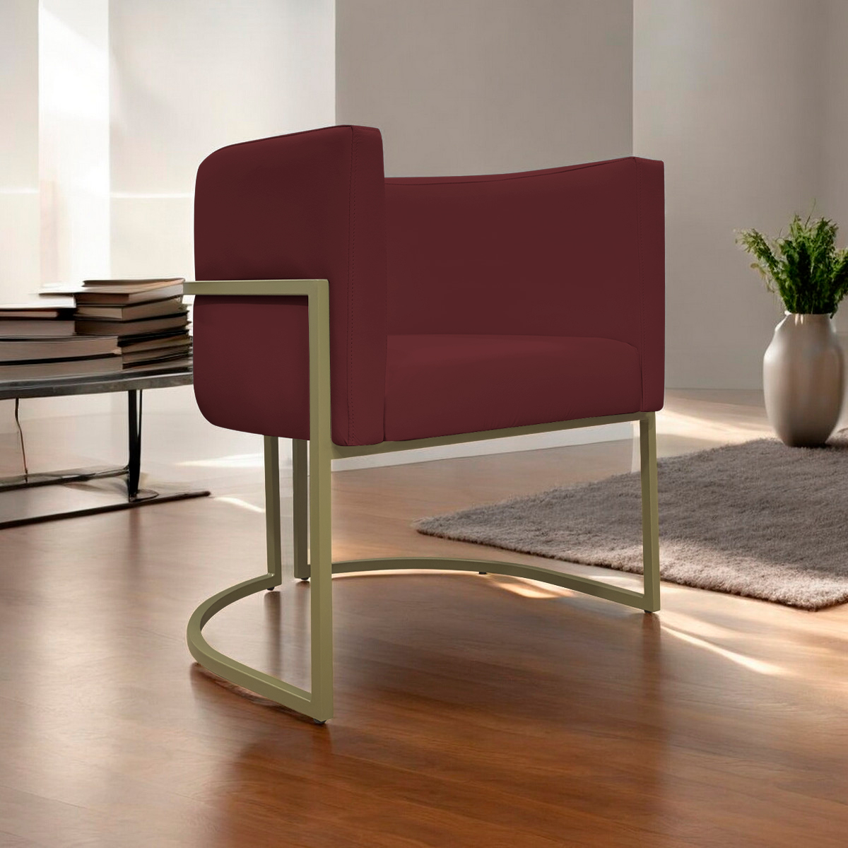 Poltrona Decorativa Para Sala Luna Reforçada Escritório Consultório Recepção Corino Bordô Base de Ferro Champagne