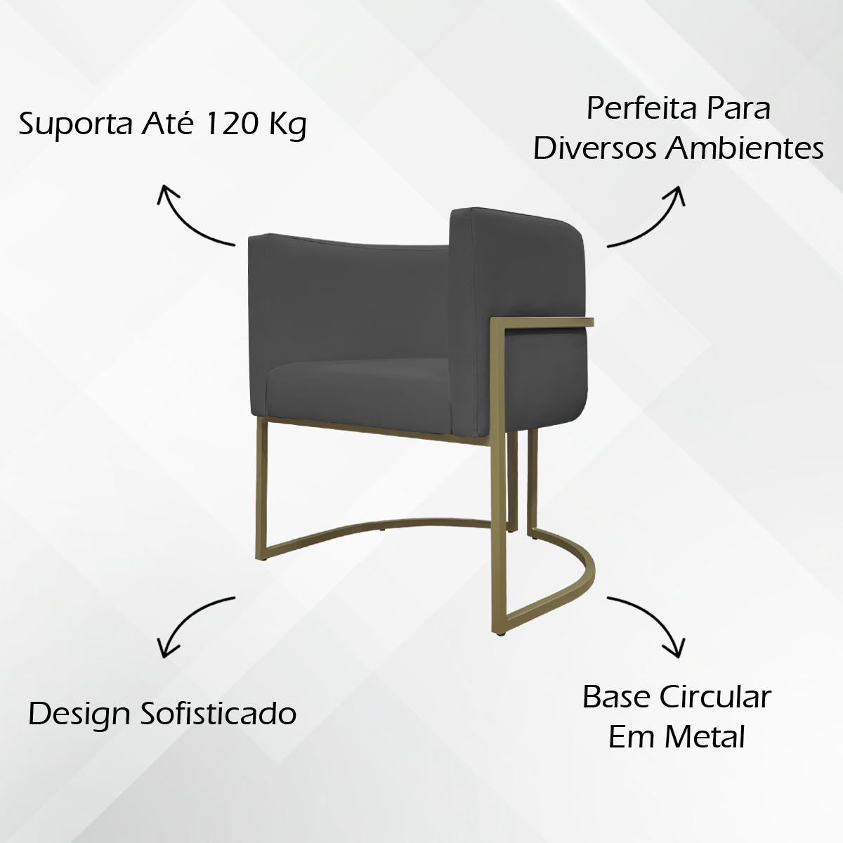Poltrona Decorativa Para Sala Luna Reforçada Escritório Consultório Recepção Corino Cinza Base de Ferro Champagne