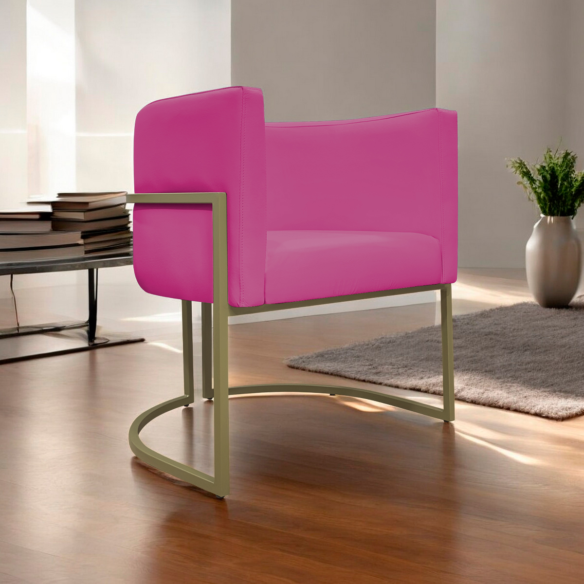 Poltrona Decorativa Para Sala Luna Reforçada Escritório Consultório Recepção Corino Pink Base de Ferro Champagne