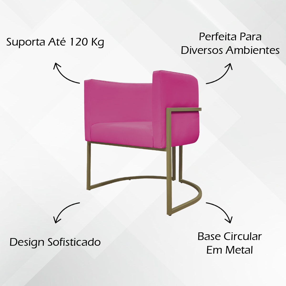 Poltrona Decorativa Para Sala Luna Reforçada Escritório Consultório Recepção Corino Pink Base de Ferro Champagne