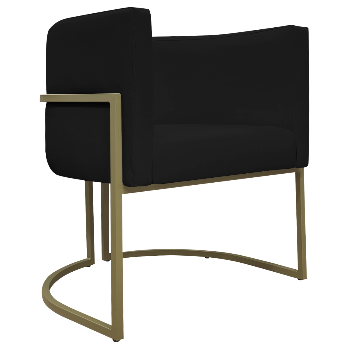Poltrona Decorativa Para Sala Luna Reforçada Escritório Consultório Recepção Corino Preto Base de Ferro Champagne