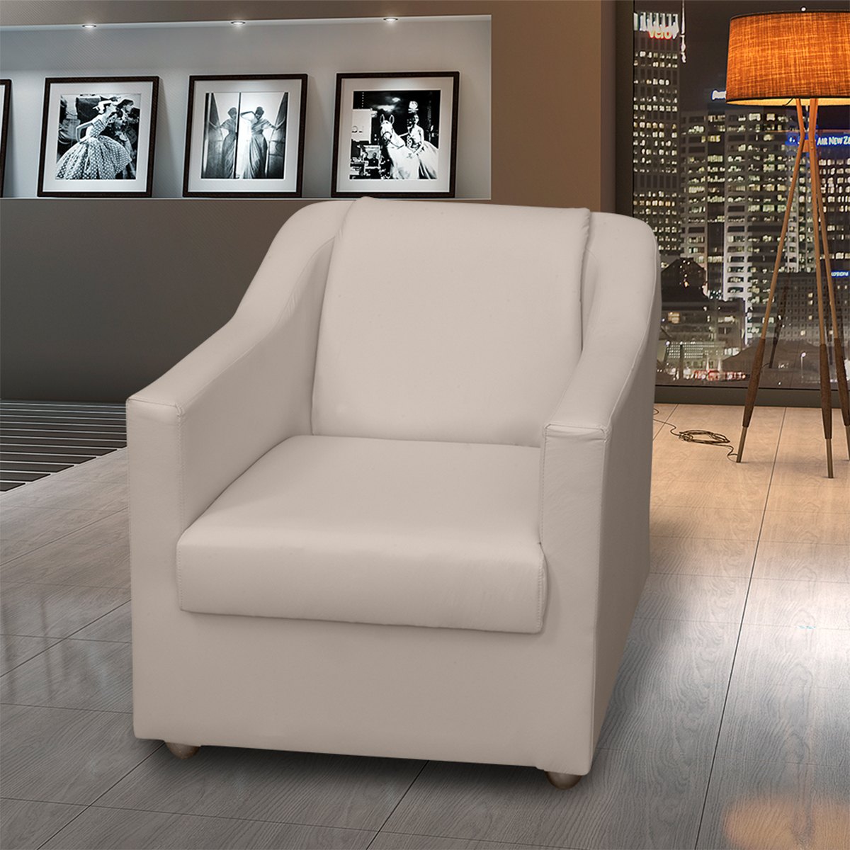 Poltrona Decorativa Para Sala Manicure Consultório Recepção Mila Corino Bege Pés De Plástico Cromado