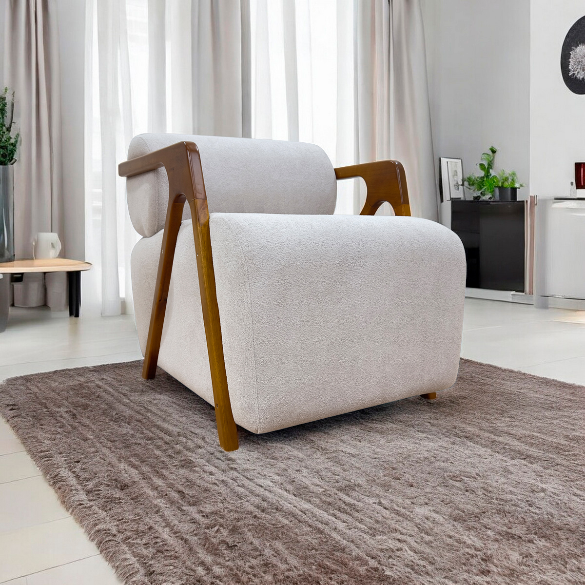 Poltrona Decorativa Para Sala Recepção Confortável Em Madeira Maciça Chloe Bouclé Premium Bege