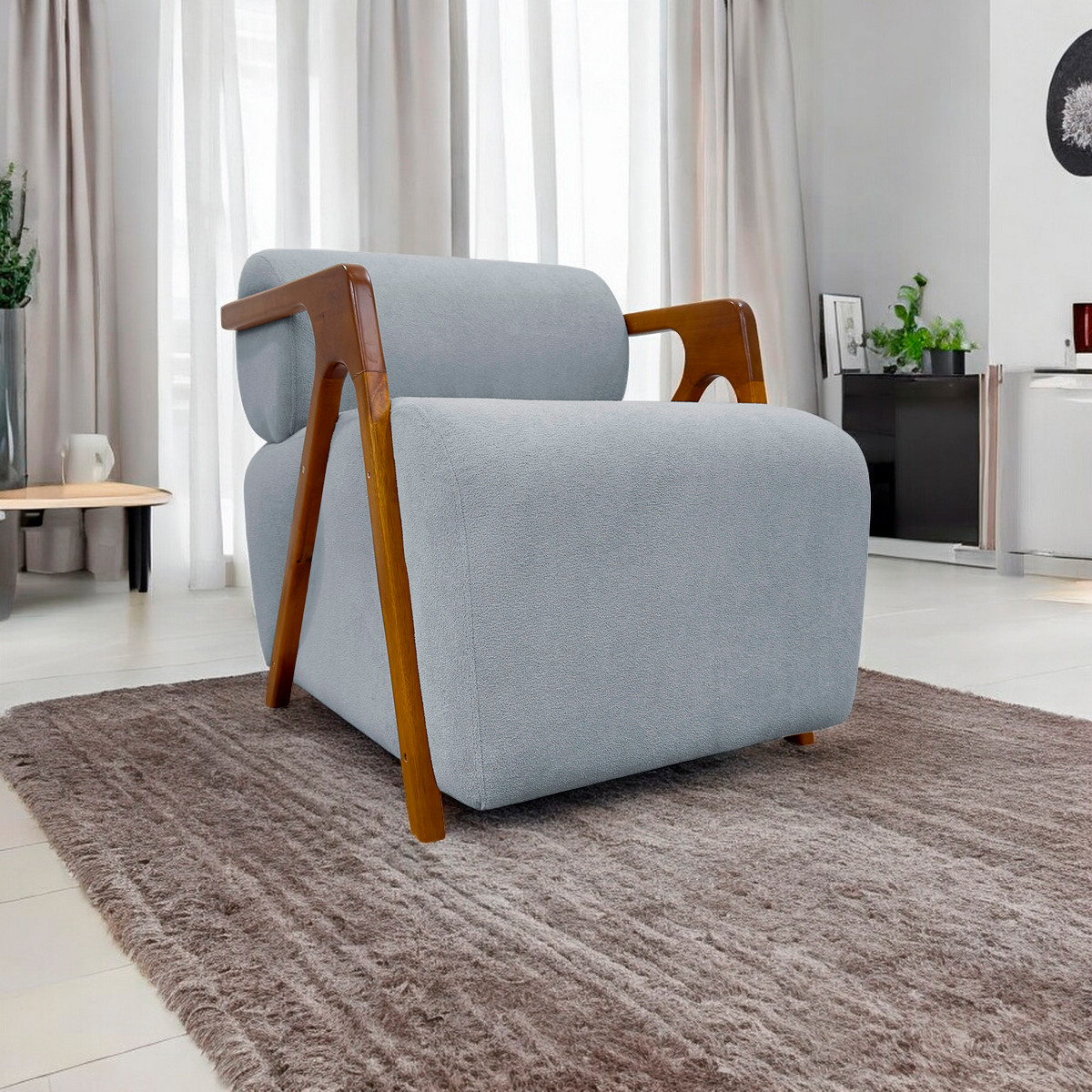 Poltrona Decorativa Para Sala Recepção Confortável Em Madeira Maciça Chloe Bouclé Premium Cinza