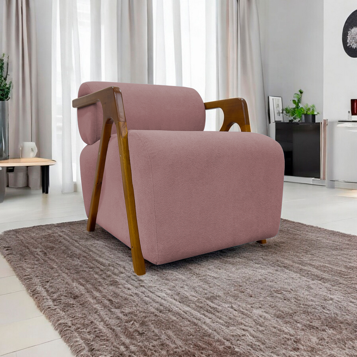 Poltrona Decorativa Para Sala Recepção Confortável Em Madeira Maciça Chloe Bouclé Premium Rosê